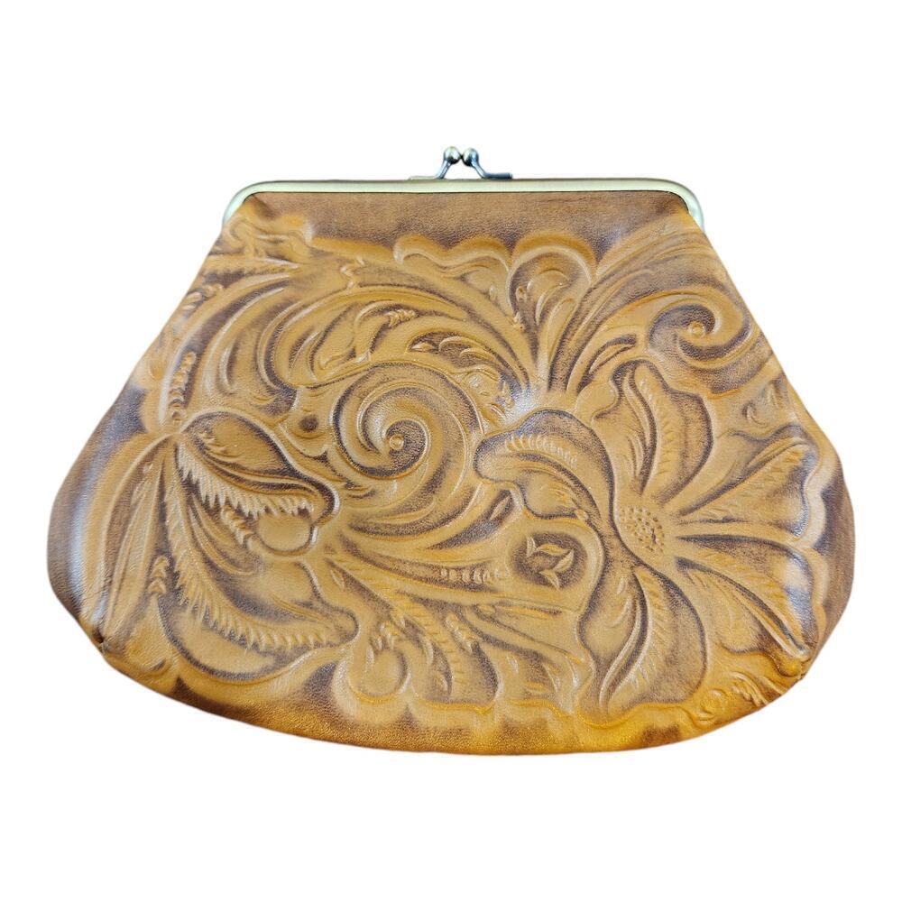 Patricia Nash Frame Clutch Women Small Tan Floral Tooled Leather Bag kiss-lock